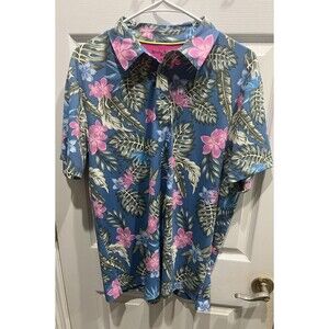 Birdie Bound Polo Shirt Mens M Blue Floral Hawaiian Performance Stretch Golf